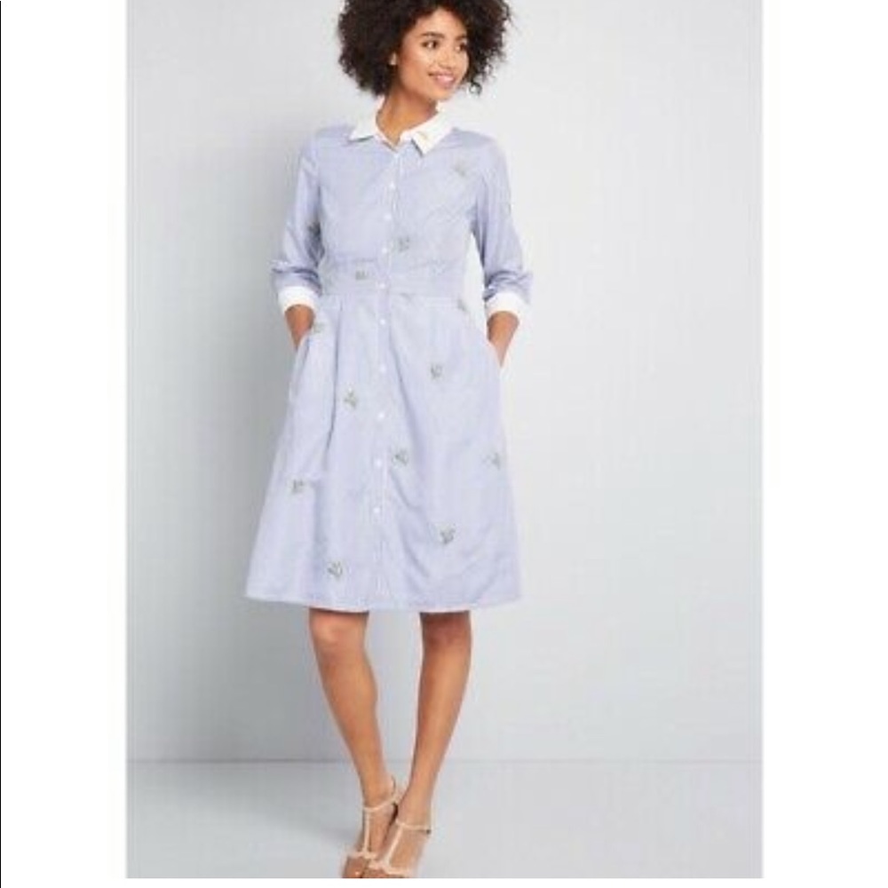 Modcloth Blue & White Striped Midi Shirt Dress with Green Embroidery - Picture 4 of 7